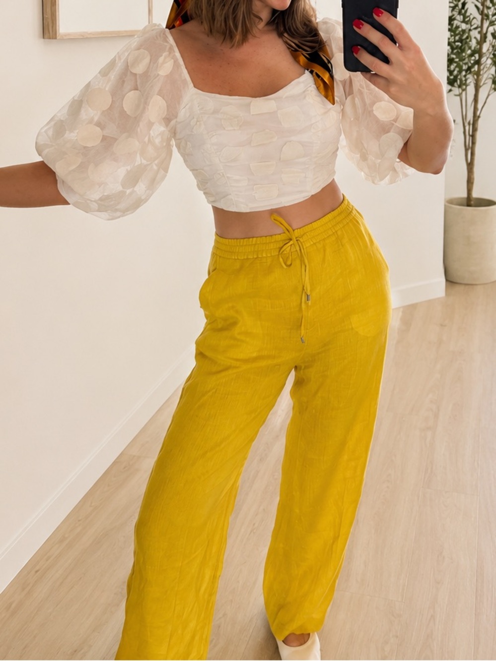 ZARA White Textured Organza Puff Sleeve Crop Top